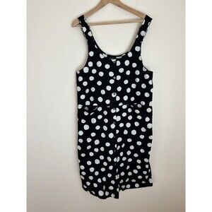 GUDRUN SJODEN Black Polka Dot Linen Sleeveless Tank Dress Size M Overall Button